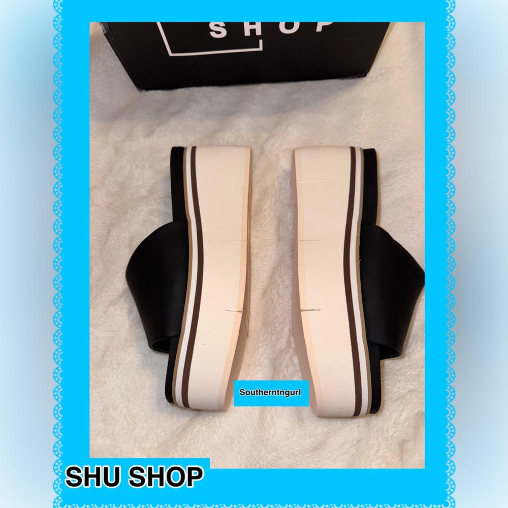NWT SHUSHOP ”Jade” Faux leather Black/Ivory Color Block Platforms Sandals - Picture 8 of 15
